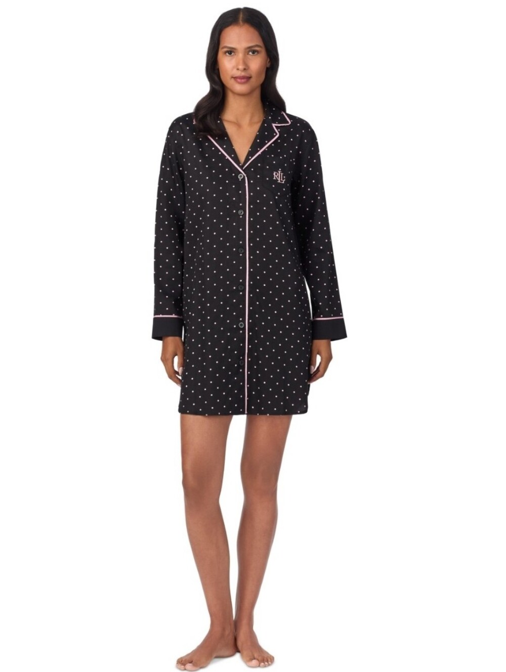 Lauren Ralph Lauren Women's Notched-Collar Sateen Sleepshirt - Black Dot